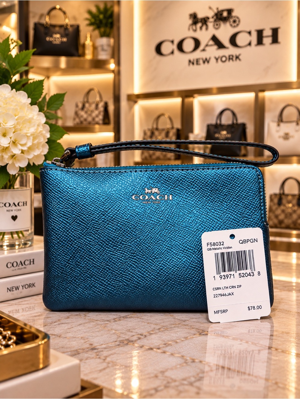Coach Metallic Teal Blue Corner Zip Wristlet NWT